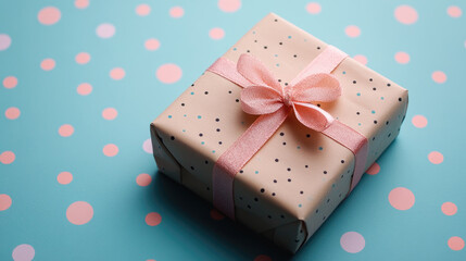 Small gift box wrapped in pastel polka dot paper with delicate pink ribbon bow, on colorful background, symbolizing playful celebration, birthday surprise, cheerful design.mock up, banner.copy space