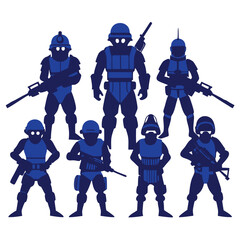 Seven dark blue soldier silhouettes with rifles military