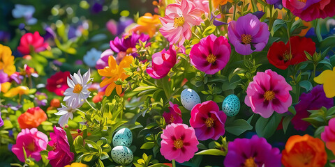 Colorful Spring Garden Featuring Hidden Holiday Eggs

