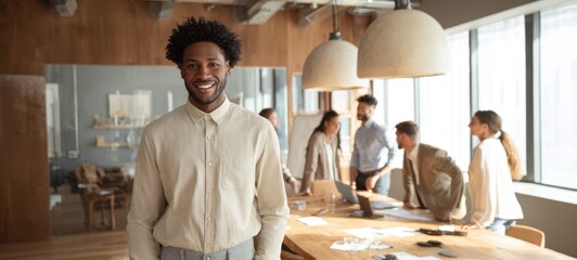 The confident professional standing in a vibrant, collaborative office environment.