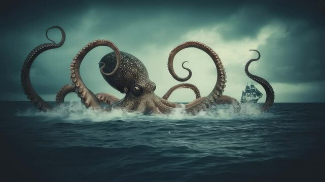 Giant kraken emerges menacingly from ocean depths as storm approaches