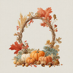 Fototapeta premium Colorful autumn wreath made of leaves, pumpkins, and acorns for seasonal decoration during fall celebrations