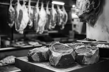 Black and white butcher shop with hanging meats and steak cuts