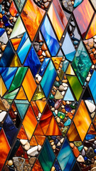 : Colorful Stained Glass with Bold Geometric Shapes Phone Wallpaper, A vibrant 3D triangle mosaic, each triangle showcasing a different pattern