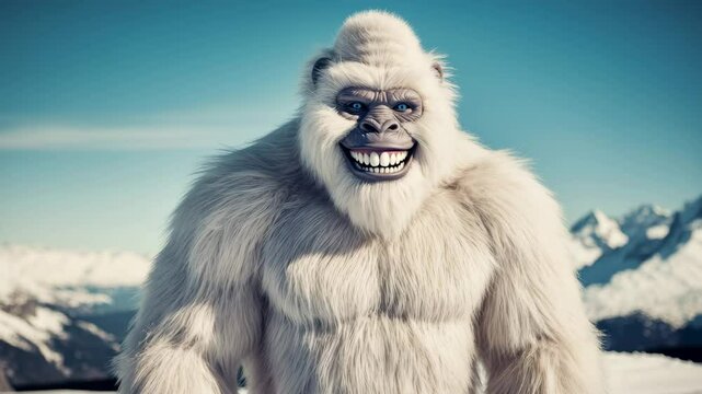 Friendly yeti smiling amidst snowy mountain peaks under clear blue sky