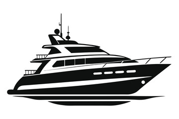 Monochrome Silhouette of a Motor Yacht Cruising Smoothly on Calm Water Surface
