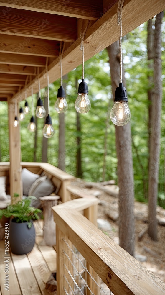 Poster string lights warmly illuminate a rustic treehouse, surrounded by vibrant green trees, creating a co