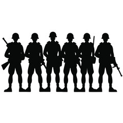Six black silhouettes of soldiers in formation holding rifles