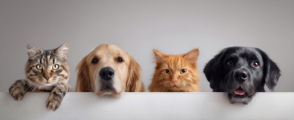 The adorable lineup of cats and dogs peeking over a white surface.