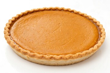 Whole pumpkin pie with golden crust on white background

