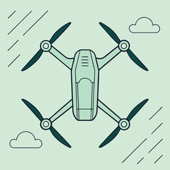 Teal and dark green drone flying with clouds and lines