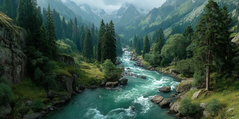 Lush river flows through a serene valley surrounded by towering mountains and dense pine forests at dawn