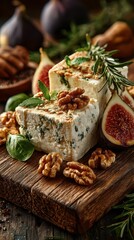 Gourmet cheese platter featuring fresh figs, walnuts, and herbs in a rustic setting
