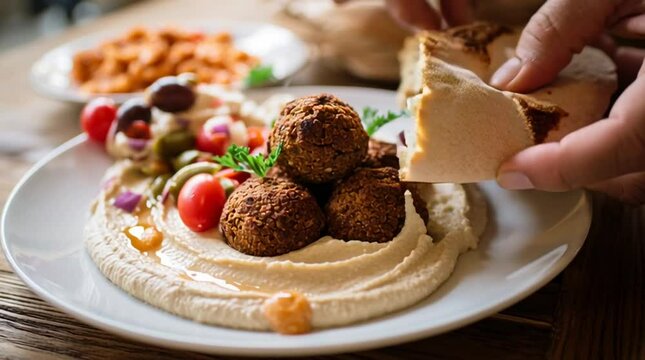 Freshly made falafel with hummus and pita