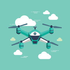 Teal drone with camera flying in sky with clouds quadcopter