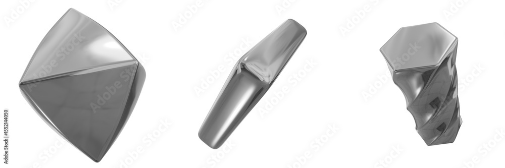 Poster 3d chrome metallic abstract shape objects, 3d rendering steel gradient shape design element, futuris