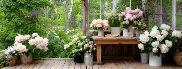Bright, rustic flower shop features colorful hydrangeas and greenery, inviting visitors into a tranquil floral paradise with wooden floors