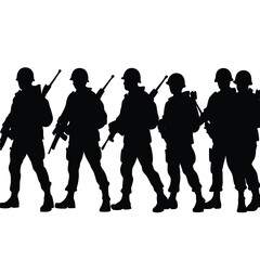 Ten black silhouettes of soldiers marching with rifles
