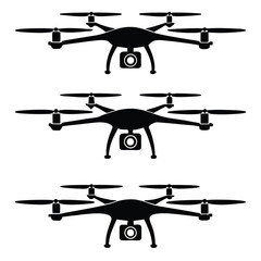 Three black silhouette drones with cameras on white background