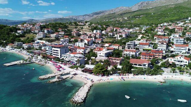 Aerial View of Podstrana Beach and Coastal Village near Split, Croatia