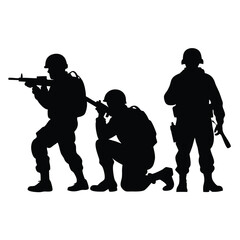 Three black silhouettes of soldiers in combat gear aiming rifles