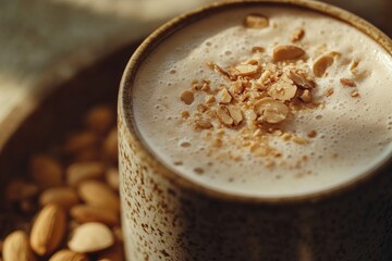 Creamy almond milk latte with fresh nut topping in rustic mug