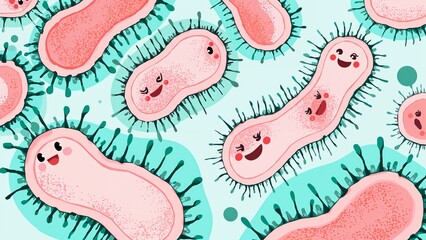 Abstract artistic depiction of beneficial gut bacteria, rounded and soft shapes, happy expressions