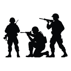 Three silhouetted soldiers in combat gear with rifles