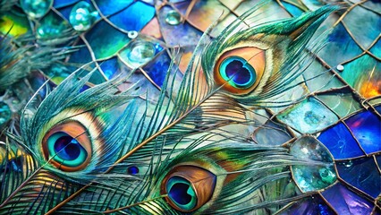 Close up of vibrant peacock feathers against a colorful stained glass background