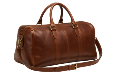 Premium Brown Leather Duffel Bag with Shoulder Strap Isolated on White