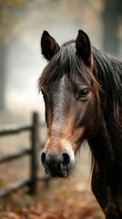 Horse in misty autumn forest setting with soft light illuminating its features