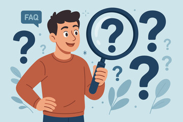 Curious man with magnifying glass searching for answers. FAQ concept with question marks. Character seeking information, support, and solutions. Vector illustration for research.