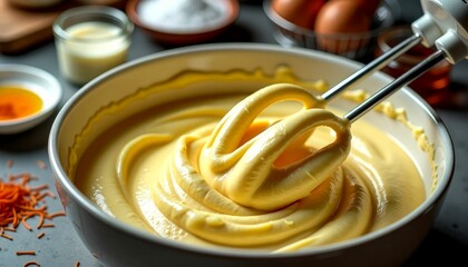 Cake batter, joyful mood, mixing in bowl, kitchen countertop setup, copy space