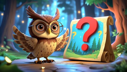 Adorable Owl with Glasses and Question Mark Treasure Map: Whimsical 3D Render, Enchanting Forest Setting