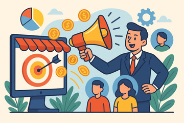 Digital marketing concept with businessman using megaphone for customer acquisition. Targeted advertising campaign, e-commerce promotion, lead generation for business growth vector.