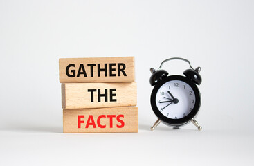 Gather the facts symbol. Wooden blocks with words Gather the facts. Beautiful white background with...