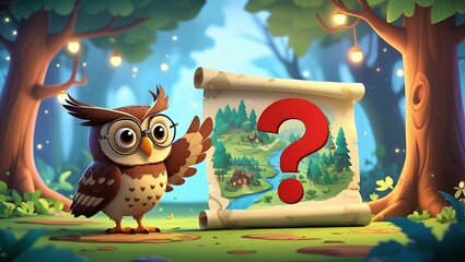 Charming Owl with Mysterious Forest Map: Whimsical, 3D-Rendered Illustration, Adventure Concept