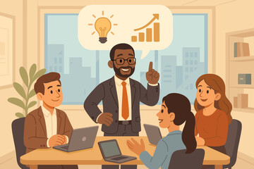 Diverse business team in an office meeting. Black manager leading a brainstorming session, sharing ideas for growth and innovation. Teamwork and leadership concept cartoon vector.