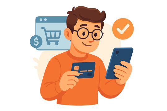 Young man shopping online, paying with a credit card via smartphone. E-commerce concept of a customer making a successful purchase in an internet store. Digital payment vector.