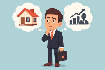 Businessman choosing between career success and buying a new house. Work life balance concept with a man making a difficult choice about priorities, family life, and business growth.
