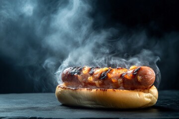 Steaming grilled hot dog with onions on a bun against dark background