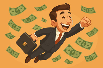Businessman superhero flying through money rain, a concept of financial success and prosperity. Happy cartoon character manager celebrating profit, wealth growth and achievement.