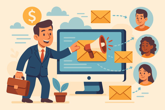 Businessman launching email marketing campaign, digital advertising strategy, online promotion to targeted customers, direct communication, business outreach, vector cartoon illustration
