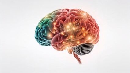 Conceptual illustration of the gut-brain axis, stylized human brain connected to intestines with glowing neural pathways