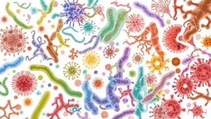 Scientific illustration showing diverse gut bacteria interacting with human immune cells