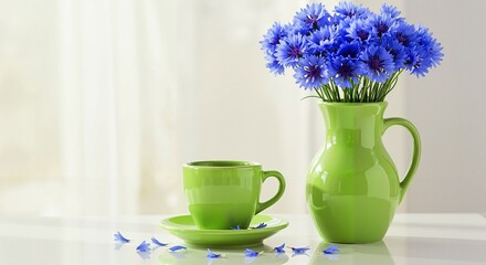 Still life image of green jug vase with bouquet of cornflowers and matching green cup with saucer. Bright morning atmospthere, kitchen interior and home decoration concept. Copy space
