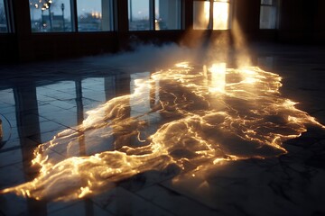 Golden Light Burst on Reflective Floor with Smoke