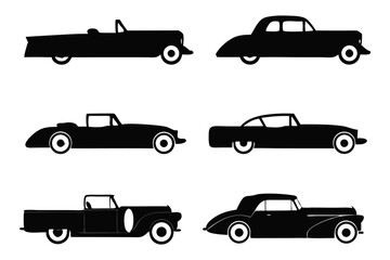 Fototapeta premium Classic Automobile Silhouette: A curated collection of six vintage car silhouettes, offering a stark contrast and timeless appeal for automotive enthusiasts and design projects.