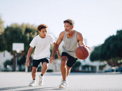 Father and son playing basketball. A heartwarming image of intergenerational bonding, teamwork, and active lifestyle. Perfect for campaigns about family, sports, and health.