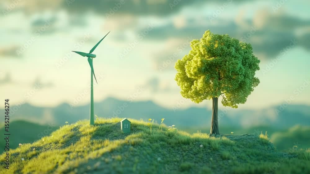 Poster a lone tree stands on a hill overlooking a wind turbine in the distance